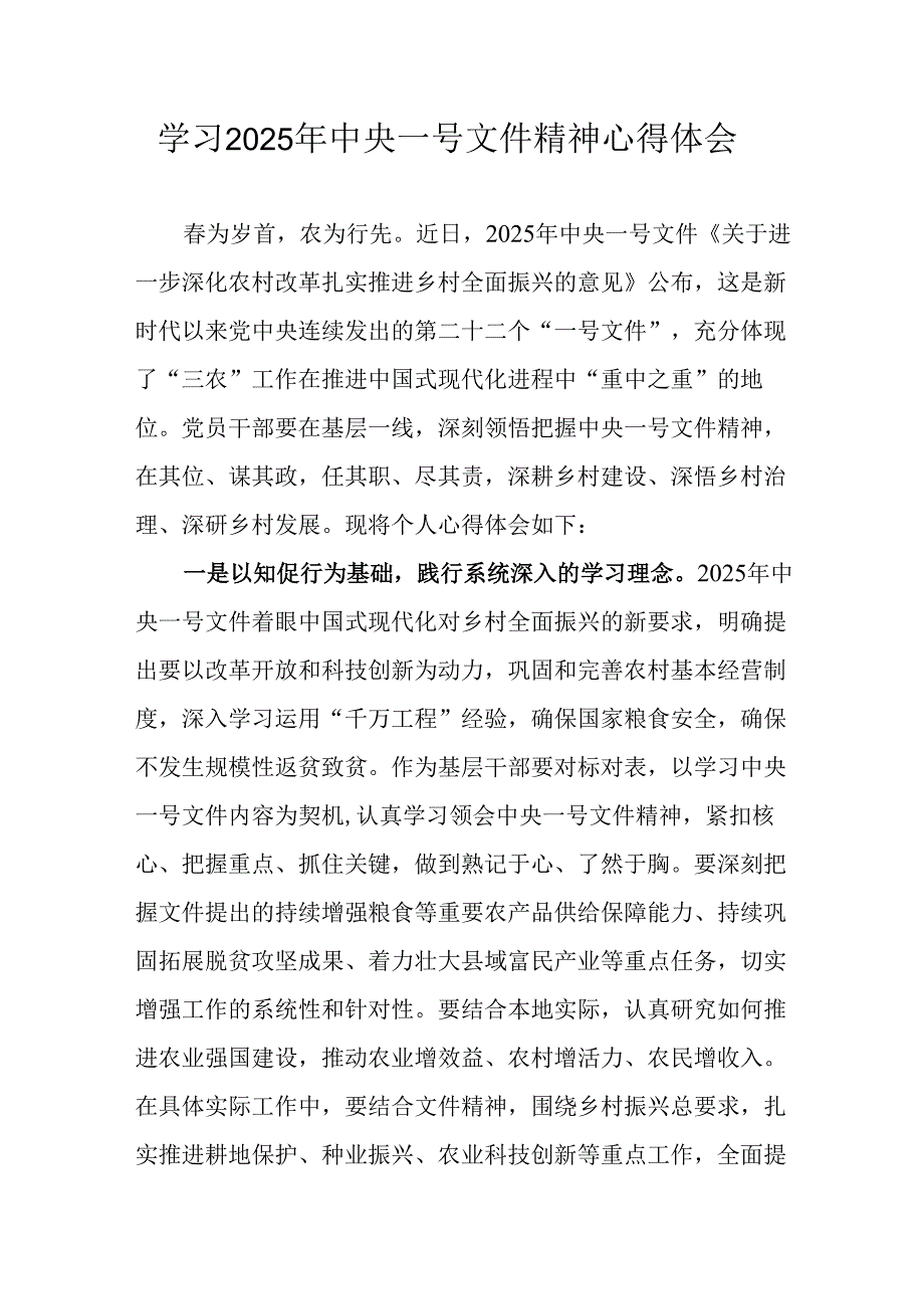 学习2025年《中央一号文件》精神心得体会 汇编2份.docx_第1页