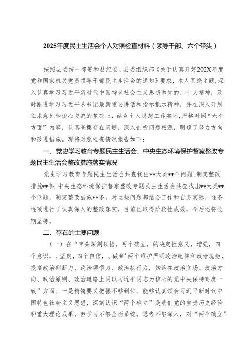 2025民主生活会个人对照检查材料（领导干部、六个带头）六篇（详细版）.docx