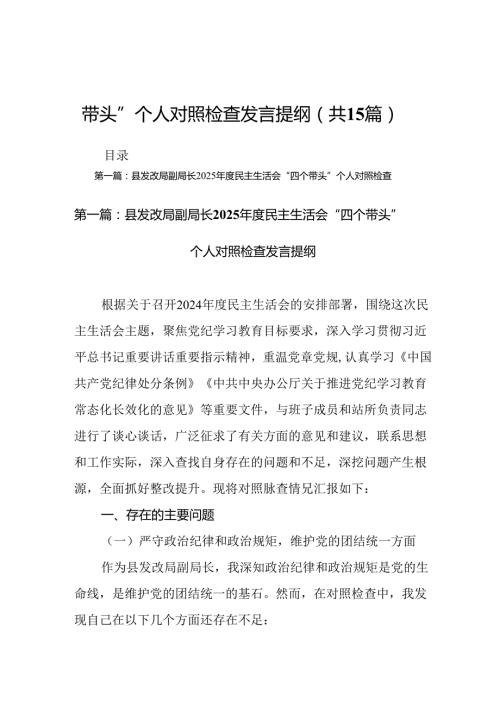 县发改局副局长2025民主生活会“四个带头”个人对照检查发言提纲(15篇精选).docx