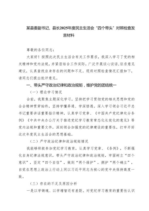 某县委副书记、县长2025民主生活会“四个带头”对照检查发言材料（共五篇）.docx