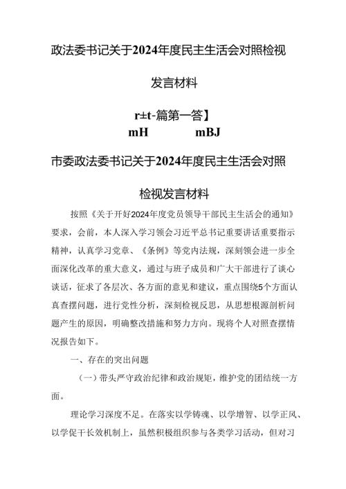 （2篇）政法委书记关于2024民主生活会对照检视发言材料（四个带头）.docx