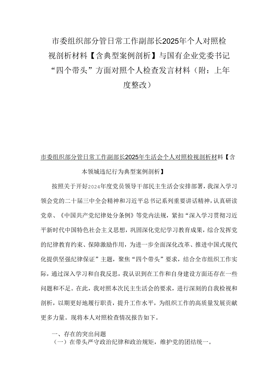 市委组织部分管日常工作副部长2025年个人对照检视剖析材料【含典型案例剖析】与国有企业党委书记“四个带头”方面对照个人检查发言材料(.docx_第1页