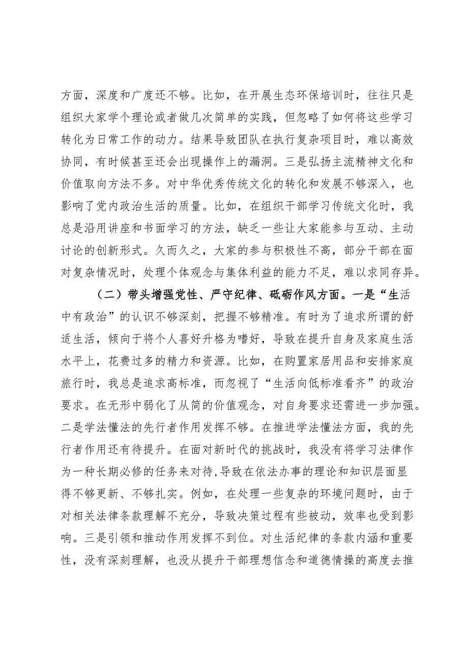 市生态环境局局长2024民主生活会“四个带头”对照检查材料.docx_第2页