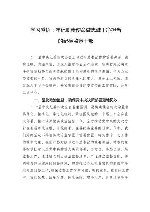 二十中央纪委四次全会精神学习感悟：牢记职责使命+做忠诚干净担当的纪检监察干部.docx