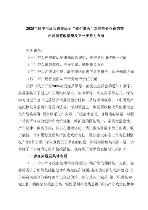2025年民主生活会领导班子“四个带头”对照检查存在的突出问题整改措施及下一步努力方向【4篇】供参考.docx