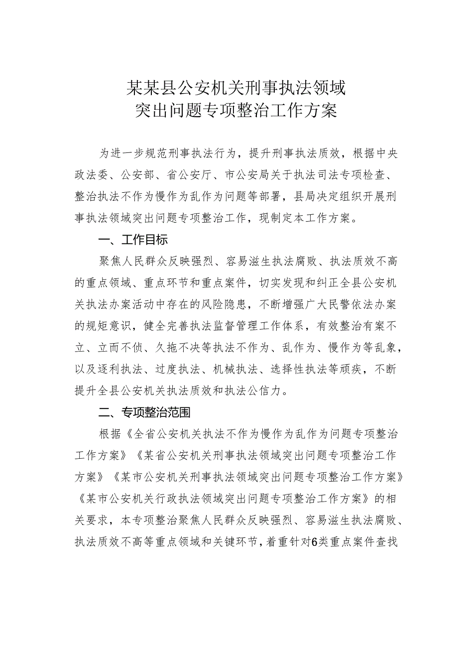 某某县公安机关刑事执法领域突出问题专项整治工作方案.docx_第1页
