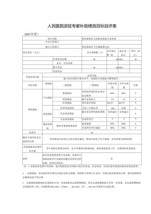 人民医院派驻专家补助绩效目标自评表.docx