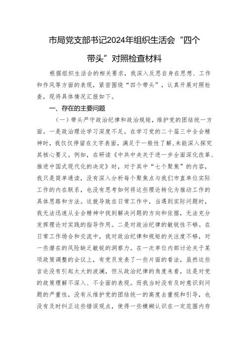 市局党支部书记2024年组织生活会“四个带头”对照检查材料.docx
