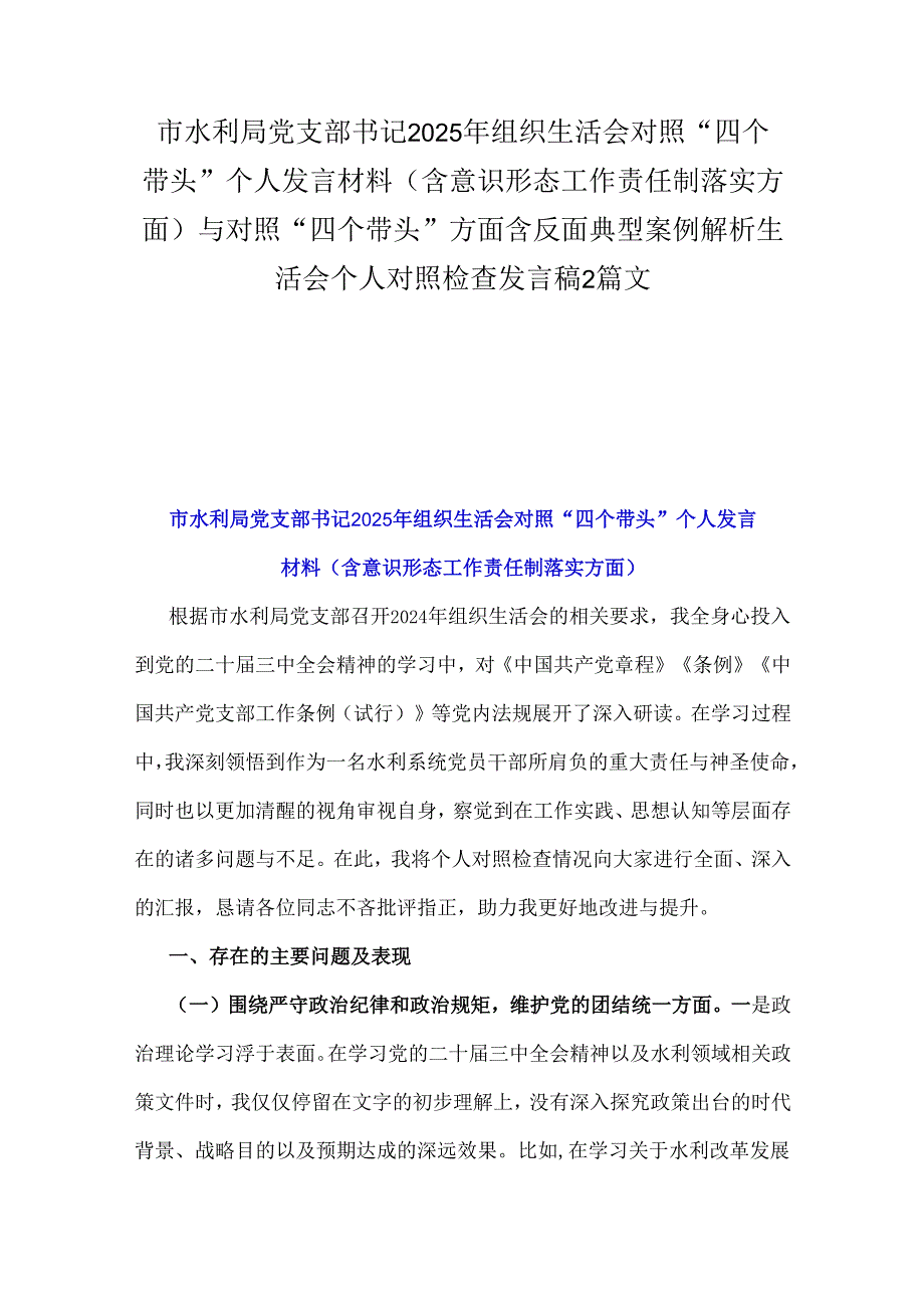 市水利局党支部书记2025年组织生活会对照“四个带头”个人发言材料(含意识形态工作责任制落实方面)与对照“四个带头”方面含反面典型案例.docx_第1页