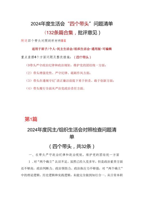 支部2025年民主生活会批评意见问题清单.docx