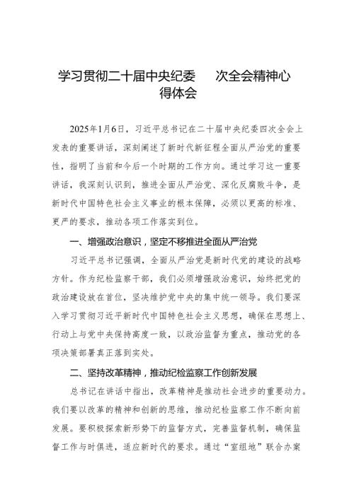 2025年领导干部学习二十中央纪委四次全会精神心得体会十五篇.docx
