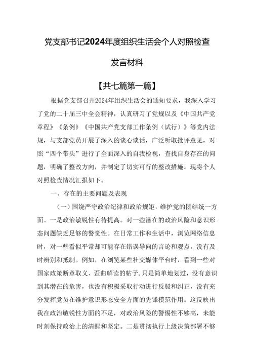 （7篇）党支部书记2024组织生活会个人对照检查发言材料.docx
