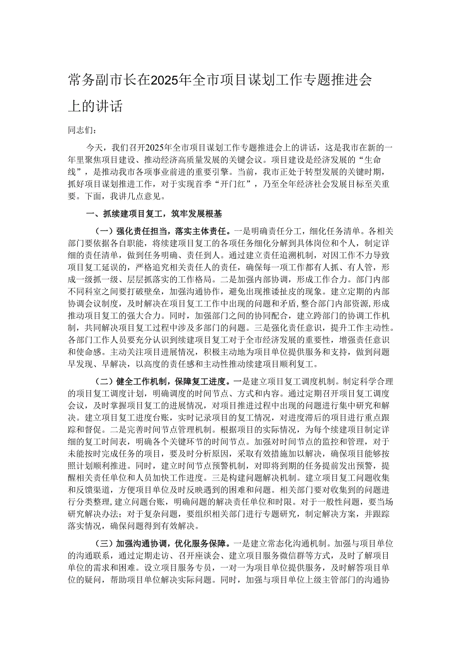 常务副市长在2025年全市项目谋划工作专题推进会上的讲话.docx_第1页
