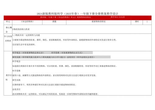 2024新版教科版科学（2025年）一年级下册全册教案教学设计（表格式）.docx