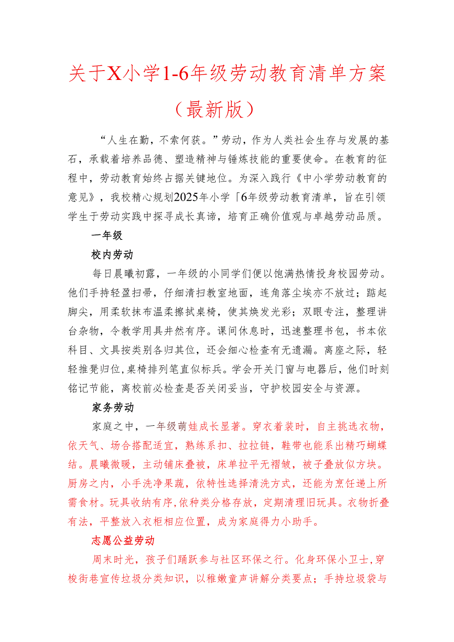 关于X小学16年级劳动教育清单方案（最新版）.docx_第1页