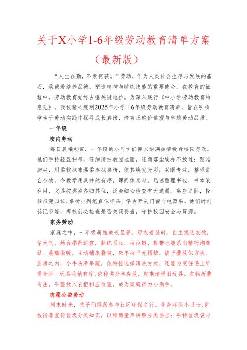 关于X小学16年级劳动教育清单方案（最新版）.docx