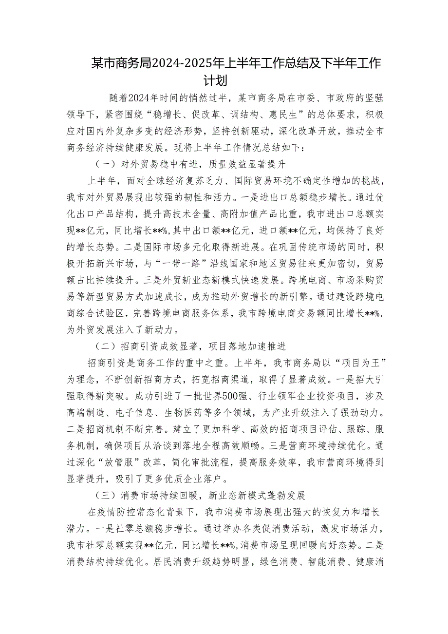 某市商务局20242025年上半年工作总结及下半年工作计划.docx_第1页
