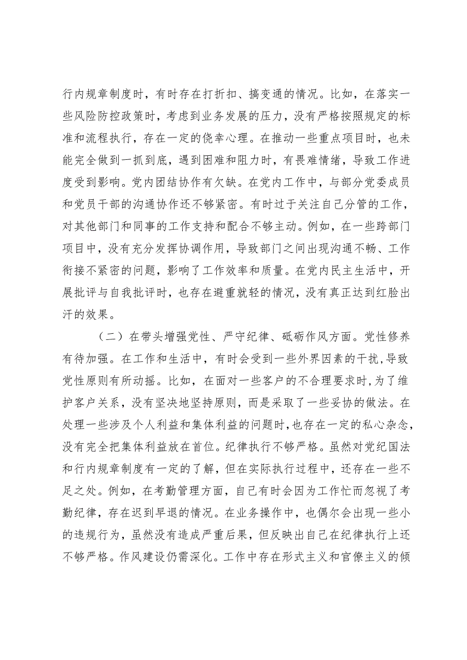 银行党委副书记2024民主生活会个人对照检视发言材料(1).docx_第2页