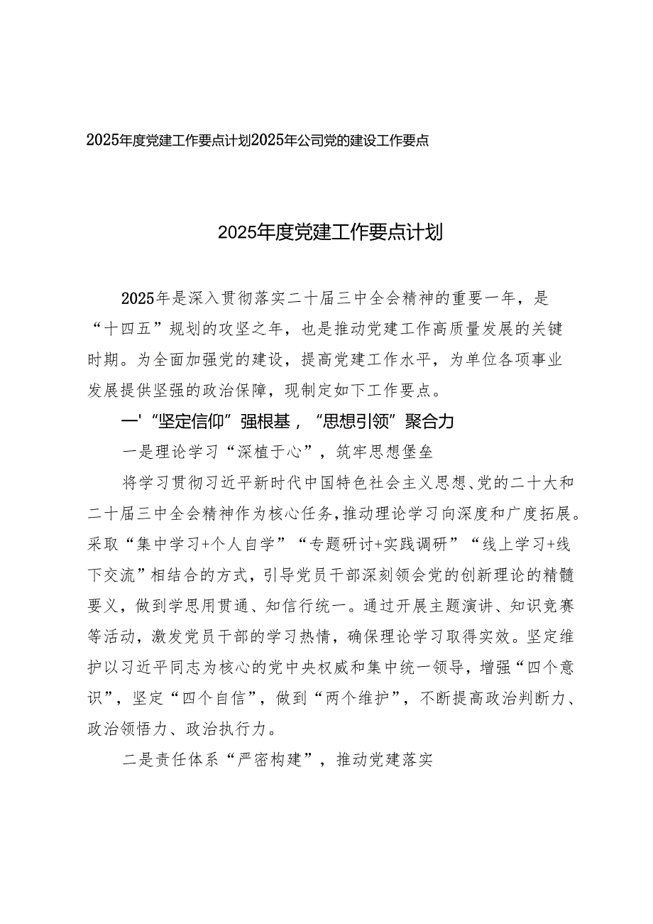 2025年公司党的建设工作要点+2025党建工作要点计划.docx_第1页