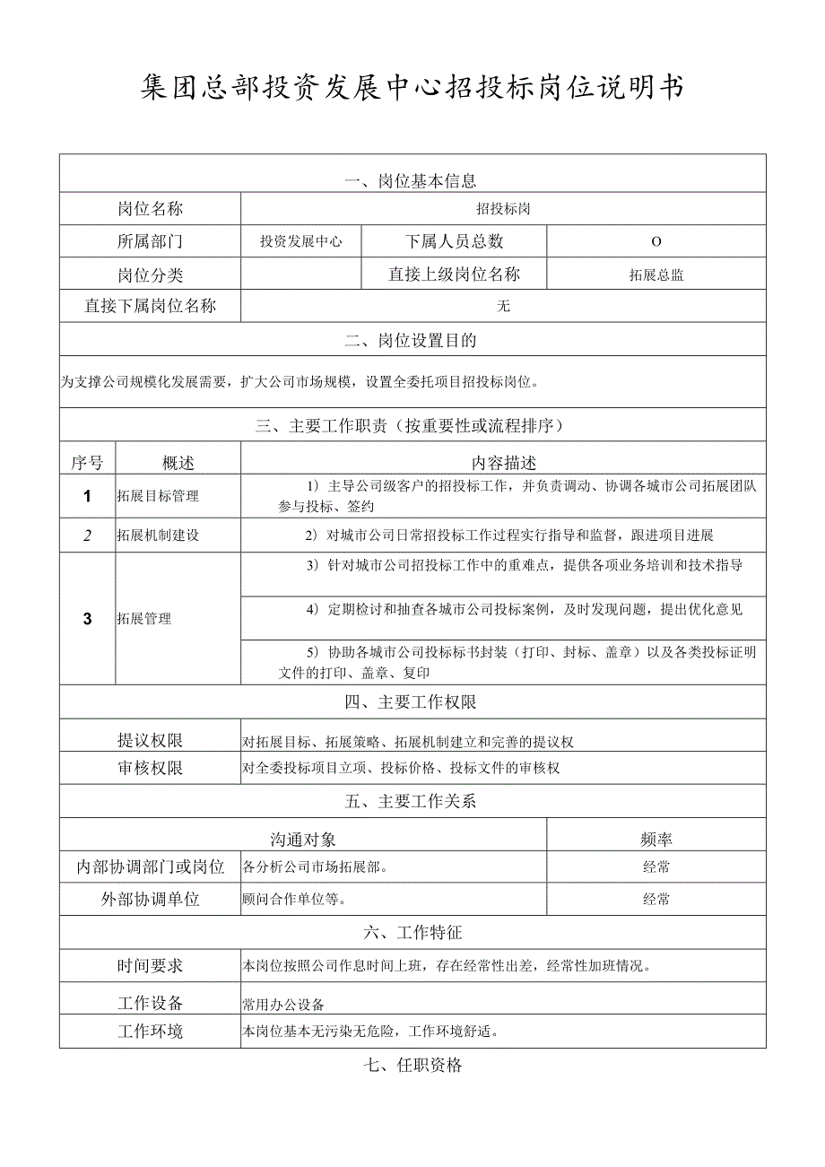岗位说明书投资拓展中心招投标岗.docx_第1页