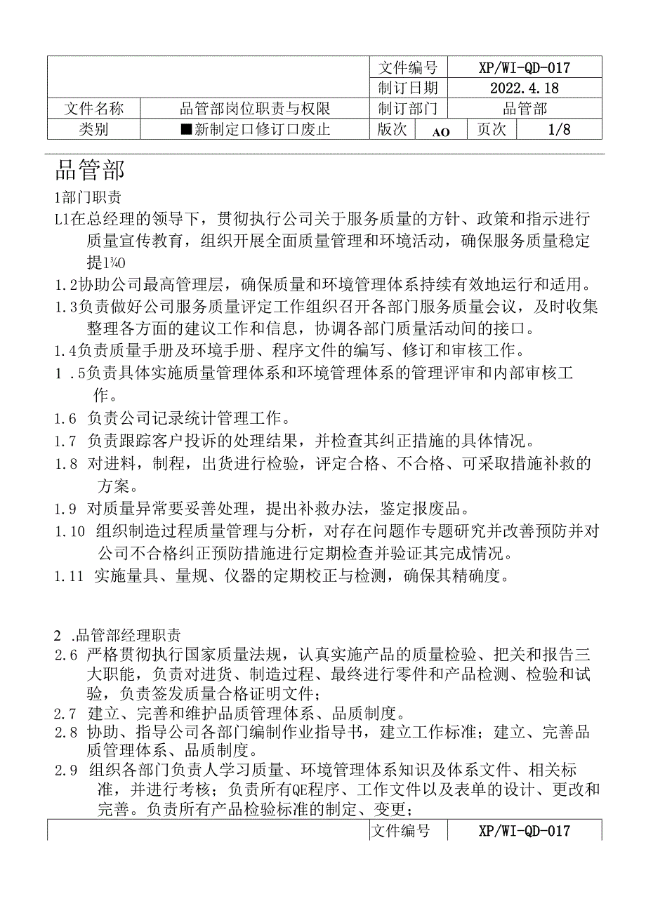 品管部岗位职责与权限.docx_第1页