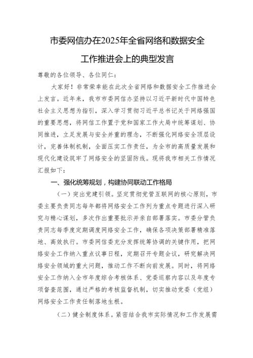 市委网信办在2025年全省网络和数据安全工作推进会上的典型发言.docx
