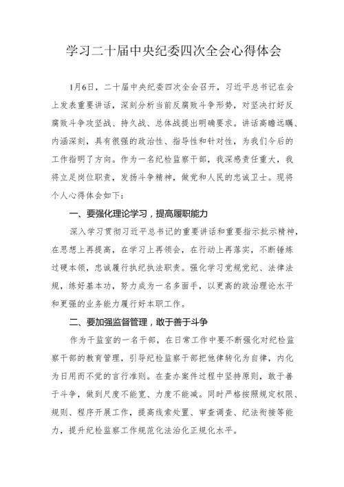 纪检干部学习二十中央纪委四次全会心得体会.docx