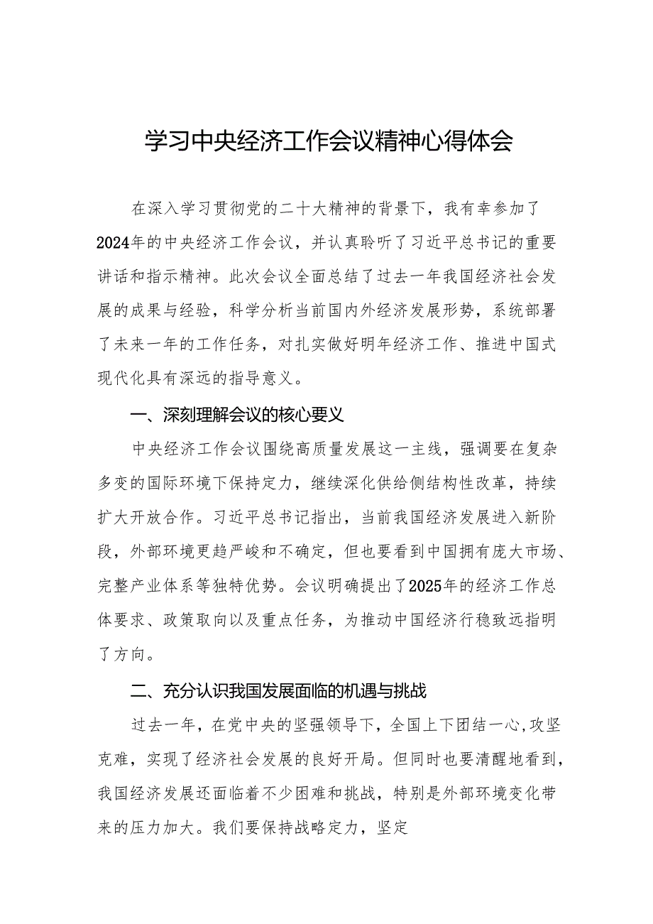 2024年中央经济工作会议精神学习体会交流发言材料八篇.docx_第1页