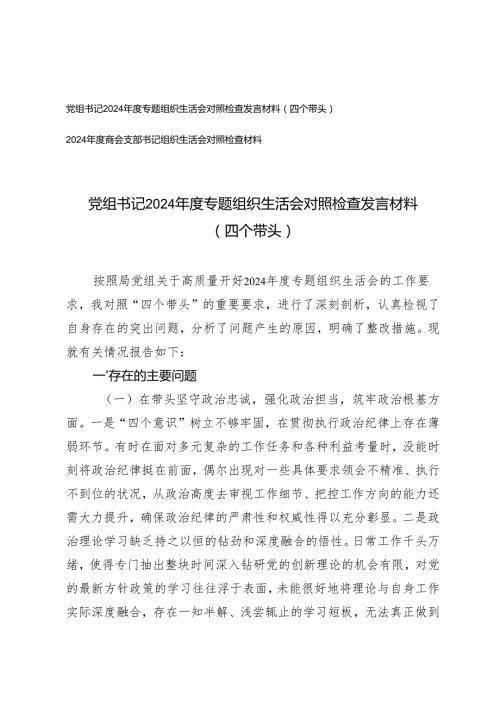 （四个带头）2025年党组书记、商会支部书记组织生活会对照检查材料.docx