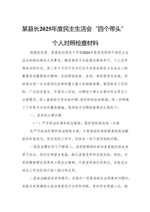 某县长2025民主生活会“四个带头”个人对照检查材料.docx