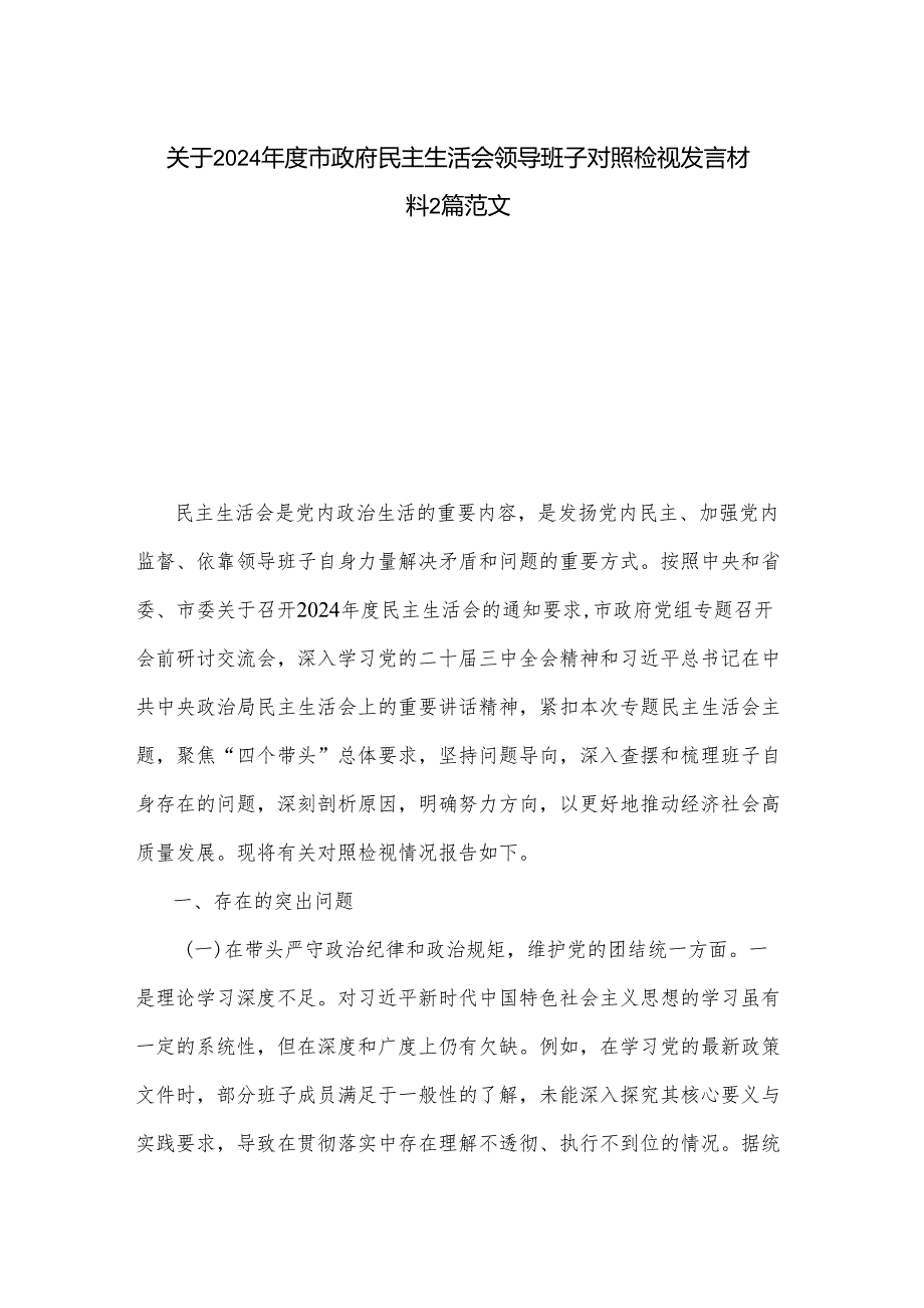 关于2024市政府民主生活会领导班子对照检视发言材料2篇范文.docx_第1页