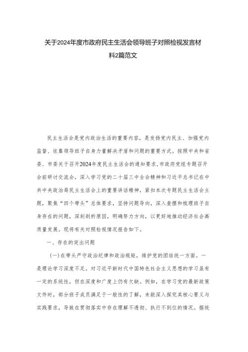 关于2024市政府民主生活会领导班子对照检视发言材料2篇范文.docx