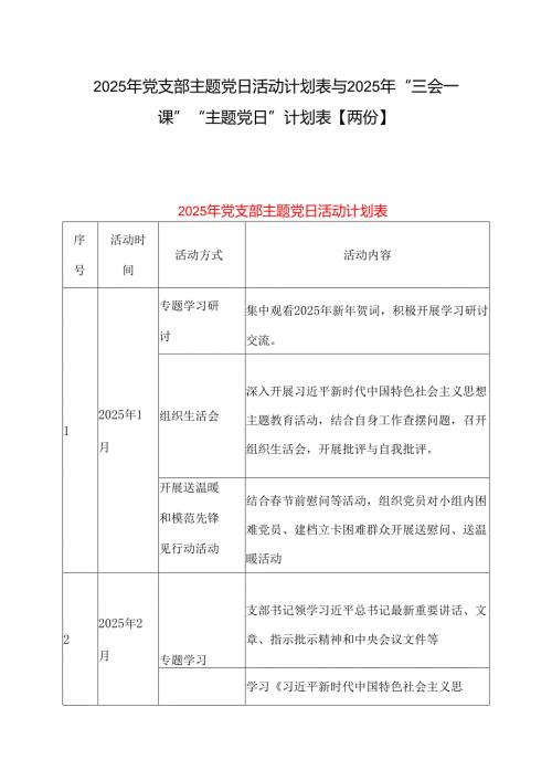 2025年党支部主题党日活动计划表与2025年“三会一课”“主题党日”计划表【两份】.docx