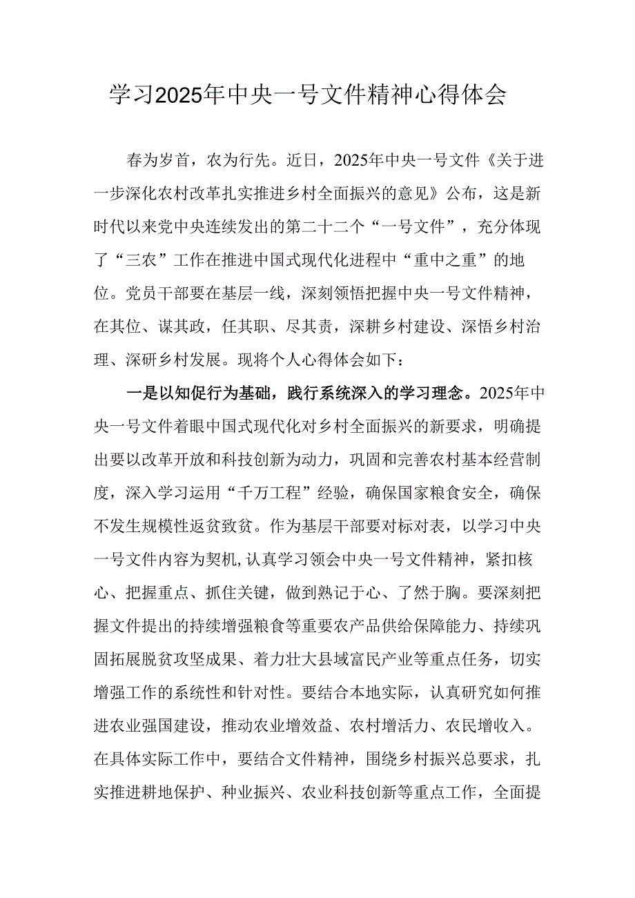 学习2025年中央一号文件精神心得体会 （2份）.docx_第1页