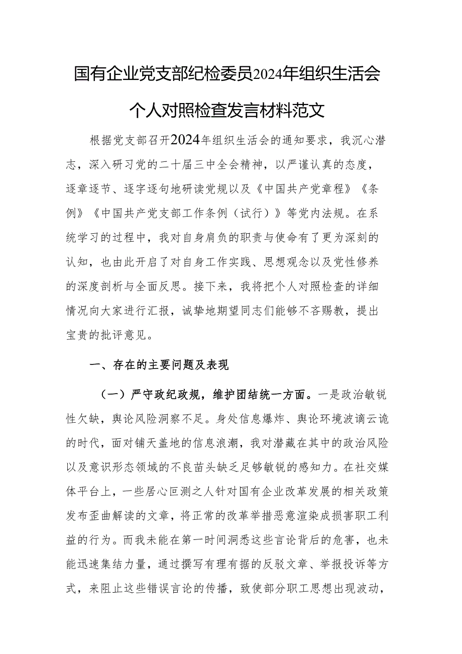 国有企业党支部纪检委员2024年组织生活会个人对照检查发言材料范文.docx_第1页