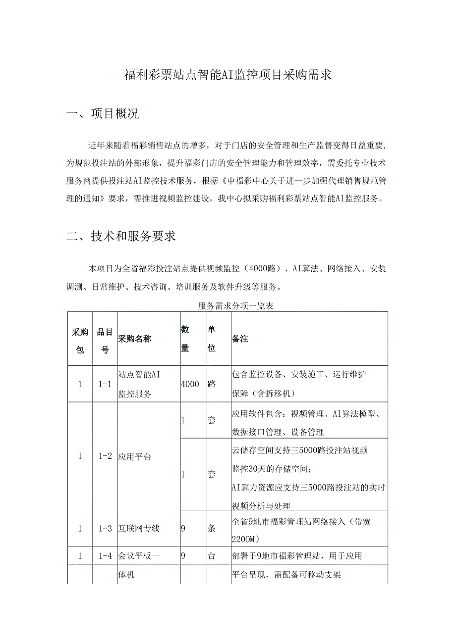 福利彩票站点智能AI监控项目采购需求.docx_第1页