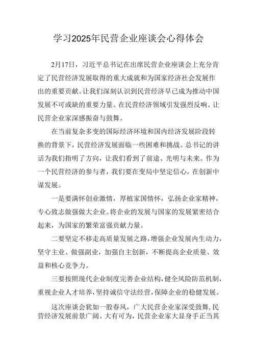 民营企业2025年学习《民营企业座谈会》个人心得感悟 （5份）100.docx