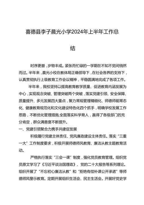 喜德县李子晨光小学2024年上半年工作总结.docx