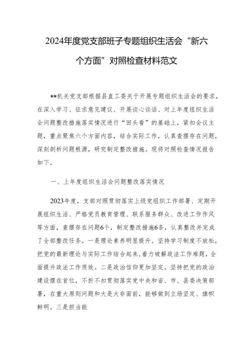 2024党支部班子专题组织生活会“新六个方面”对照检查材料范文.docx