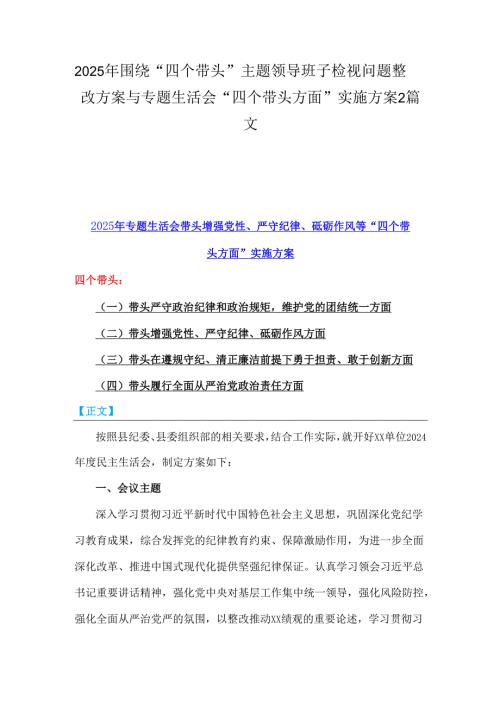 2025年围绕“四个带头”主题领导班子检视问题整改方案与专题生活会“四个带头方面”实施方案2篇文.docx