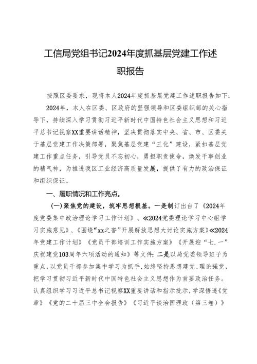 工信局党组书记2024抓基层党建工作述职报吿.docx