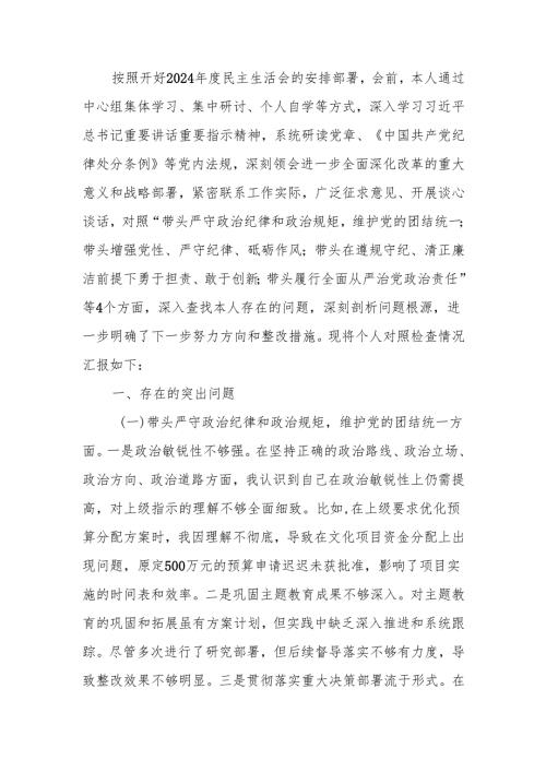 最新财政局局长2024民主生活四个带头检查材料word可编辑文档.docx