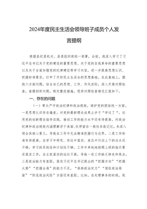 2024民主生活会领导班子成员个人对照检查发言提纲.docx