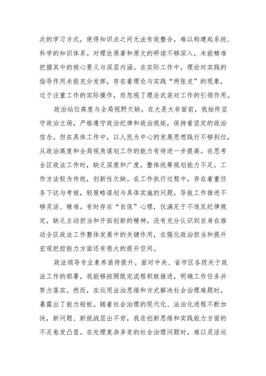 区政法委书记2024民主生活会个人发言提纲（四个带头）.docx_第2页