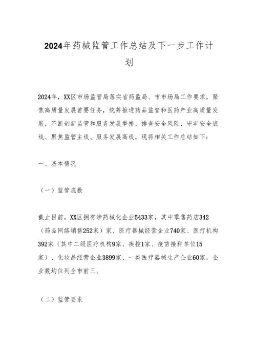 2024年药械监管工作总结及下一步工作计划.docx