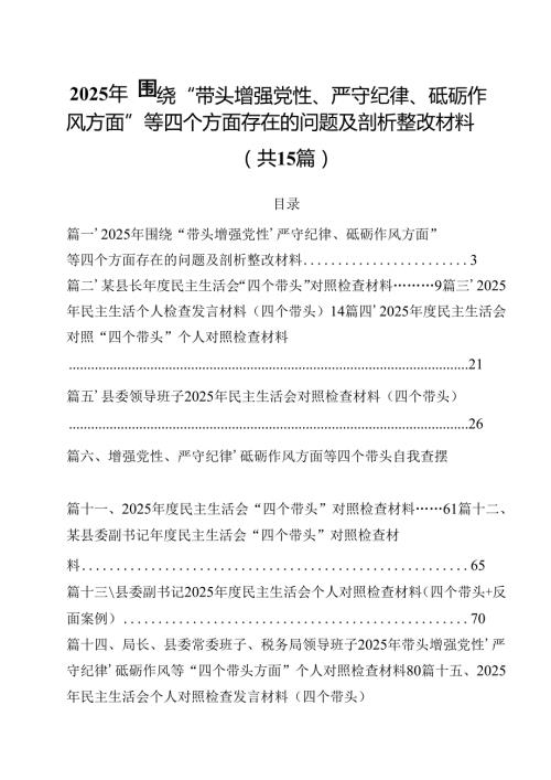 2025年围绕“带头增强党性、严守纪律、砥砺作风方面”等四个方面存在的问题及剖析整改材料优选15篇.docx