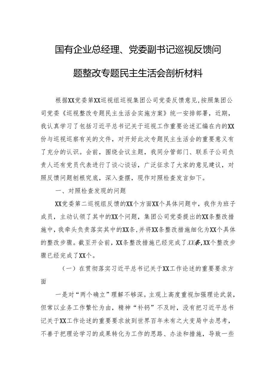 国企总经理、党委副书记巡视反馈问题整改专题民主生活会剖析发言材料.docx_第1页