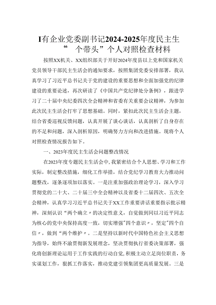 国有企业党委副书记20242025民主生活会“四个带头”个人对照检查材料.docx_第1页