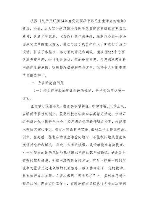 最新政法委书记2024民主生活个人四个带头检视发言材料Word文档.docx