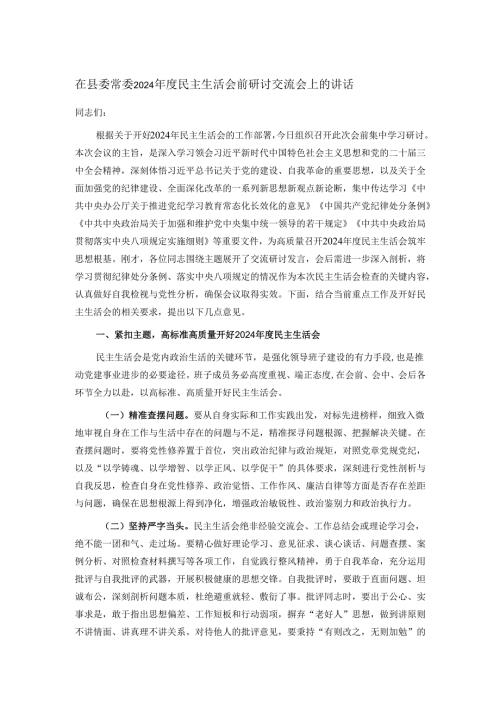 在县委常委2024民主生活会前研讨交流会上的讲话.docx